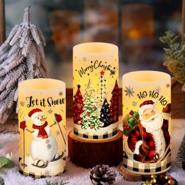 Retisee 3 Pcs Christmas LED Flameless Candles with Remote Timer Battery Operated Real Wax LED Flickering Pillar Candle White Cold Light for Home Window Xmas Winter Holiday Decor Gift(Buffalo Plaid)