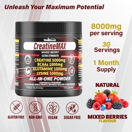 WellBoost Creatine MAX Powder – Polvo de Creatina 5000mg y 1000mg BCAAs para Fuerza, Recuperación y Resistencia | Sin Azúcar, Sabor Mixed Berry (300g)