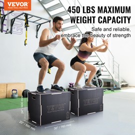 VEVOR 3 in 1 Plyometric Jump Box, Easy-to-Assemble Wood Plyo Box for Jumping Trainers, Home Gym Training and Conditioning, 30" x 24" x 20"