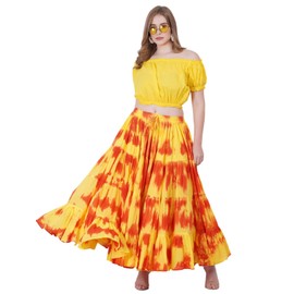 Wevez Women's 25 Yard Cotton Tie Dye 4 Tier Gypsy Belly Dance Skirt (Yellow-Orange-Tiedye)