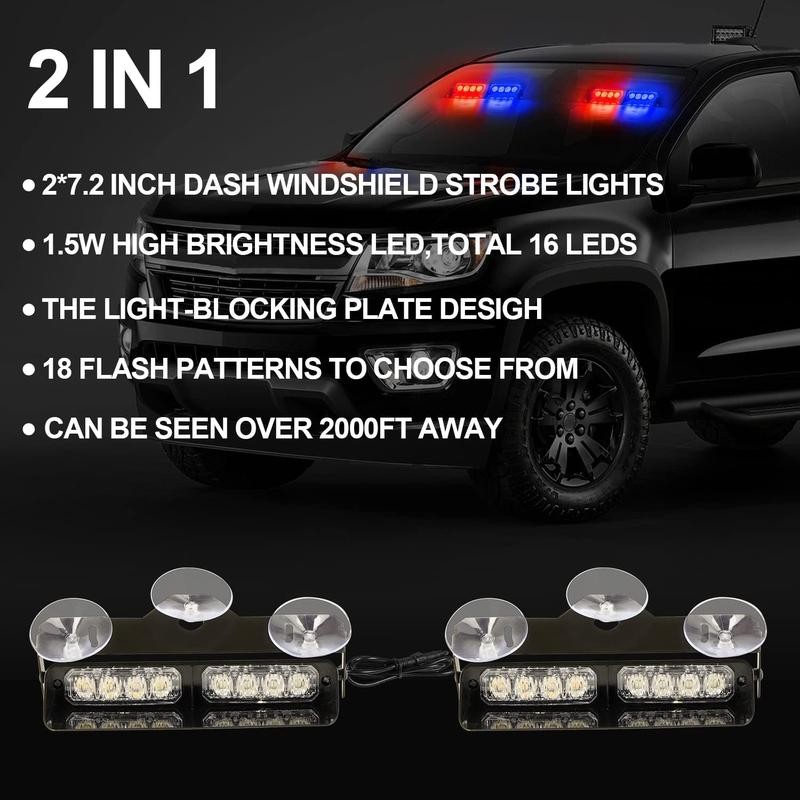 2x7.2 Inch Dash Emergency Strobe Lights 16LED Hazard Flashing Warning