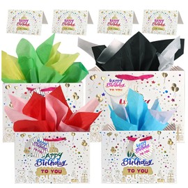 suosicn - Bolsa de regalo de cumpleaños con asa y papel de seda, bolsas de regalo de cumpleaños, tamaños variados, 2 pequeñas 8.3 pulgadas, 1 mediana 10.3 pulgadas, 1 grande 12.8 pulgadas (4 bolsas de