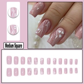 DOCVOEOMH Valentines Press on Nails Medium Square Nude Pink Cute Fake Nails with Heart Design Glitter Valentine Full Cover Glue ons Artificial False Stick on Acrylic Nail for Women 24PCS
