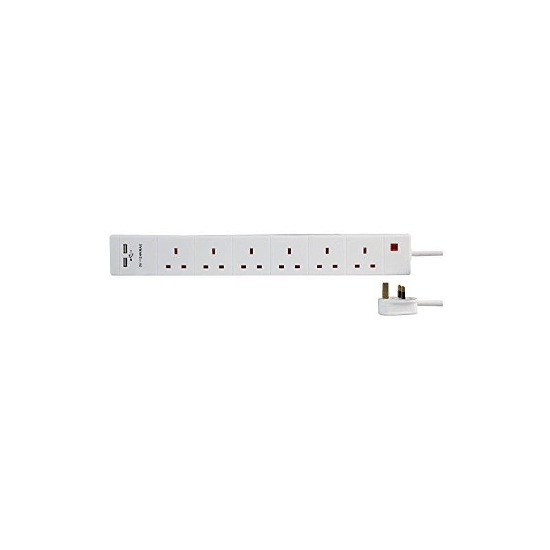 Extension 6 Gang 2 USB, White 1M, Power Outlet Strips