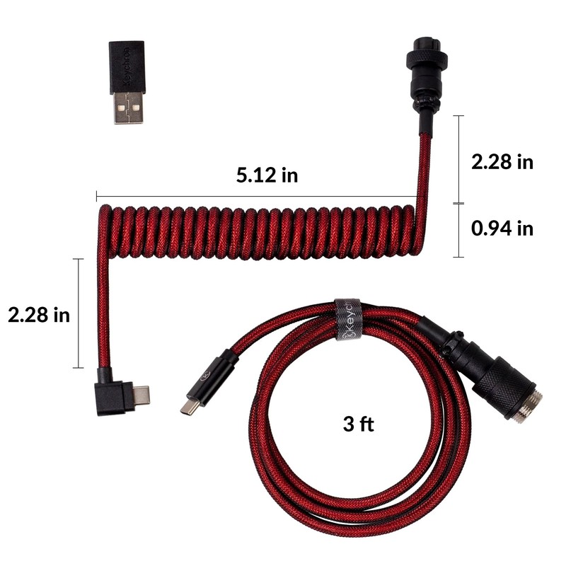Keychron Premium Coiled USB-C Angled Red Cable, 5-Pin GX16 Detachable