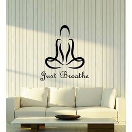 Vinyl Wall Decal Just Breathe Quote Yoga Meditation Room Decor Lotus Pose Stickers (4244ig) Black