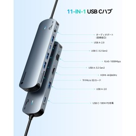 Yottamaster USB C Hub (11-IN-1, 3 10Gbps Ports), USB-C 3.2 Gen2, Ultra Fast Data Transfer, Type C Adapter, 4K @ 60Hz, HDMI Output, 100W, PD Rapid Charging, Gigabit Ethernet LAN Port, Audio, SD/MicroSD