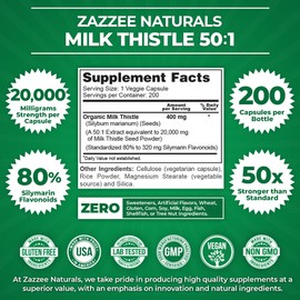 Zazzee Naturals Zazzee Organic Milk Thistle Extract 20,000 mg Strength, 200 Vegan Capsules