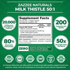 Zazzee Naturals Zazzee Organic Milk Thistle Extract 20,000 mg Strength, 200 Vegan Capsules