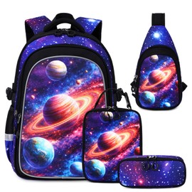 Jafeton Kids Backpack for Boys,3D Reflective Gaming School Backpack with Sling Bag, Insulated Lunch Bag, Boys Backpack for Elementary Middle School Students, Gamer Bookbag for Kids Ages 3-12 (Planet)