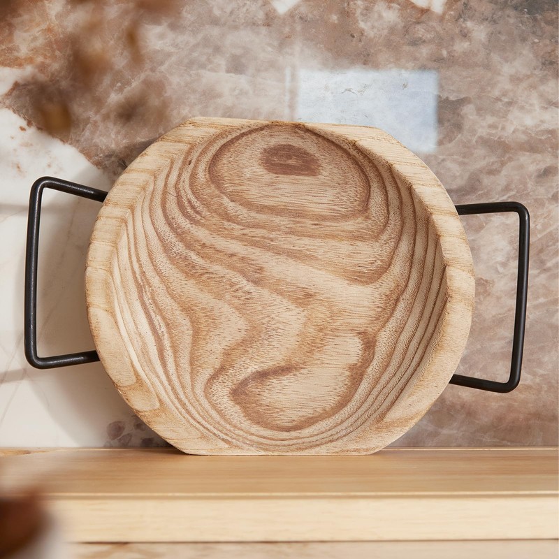 DN DECONATION Round Wooden Dough Bowl with Metal Handles for