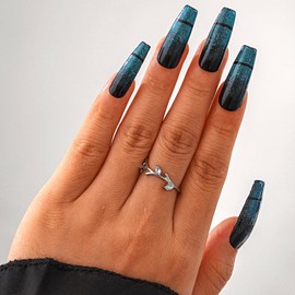 Sethexy Sparkle Cat Eye Handmade Artificial Nails Natural Shiny Long Coffin Artificial Nail Blue Press on Nails Durable for Women and Girls