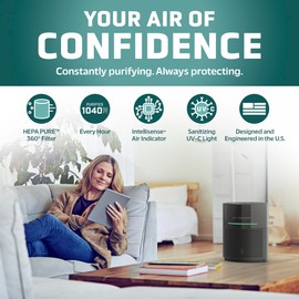 GermGuardian Airsafe+ Air Purifier for Home, for Wildfire Smoke, Pets, Pollen, Odor, Large Rooms Up To 1043 Sq. Ft. with HEPA Pure Air Filter, UV-C Light & Air Quality Sensor, 12", AC3000B, Black