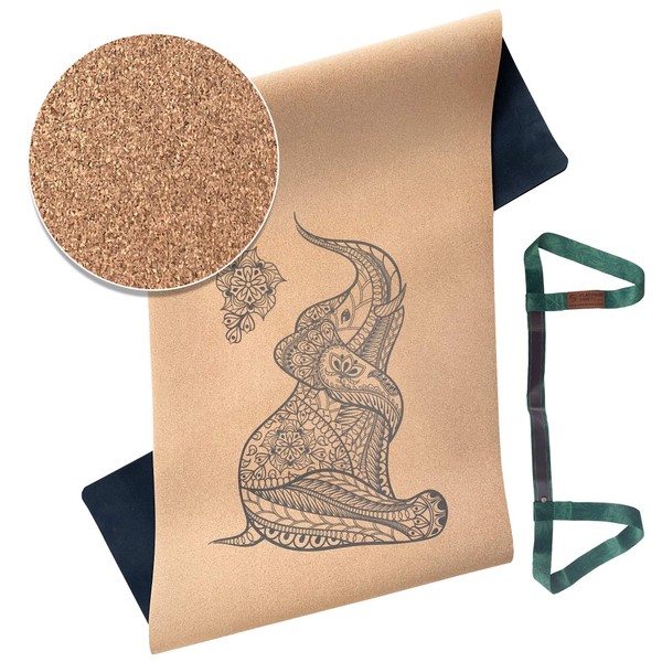 Cork Yoga Mat with Designs Extra Large Non-Slip, with Carry Strap & Luxury Gift Box - Great for Hot Yoga, exercise, Pilates 73'' Long x 25'' Wide x 5mm thick - Elephant