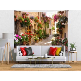 Loccor Italy Town Street Tapestry Medieval Village Town Scenery Alley Stone Path Colorful Flowers Wall Hanging Tapestry Home Bedroom Living Room Dorm Decor 118''x 78''