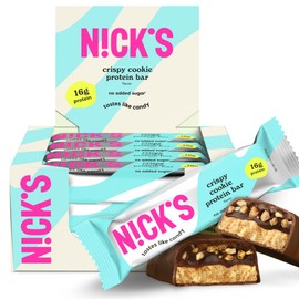 Nick's Protein Bars Crispy Cookie Chocolate, High Protein, Low Calories, Low Carb, Keto Friendly Snacks No Added Sugar (Multipack 12 bars x 50g), Crispy Cookie flavor