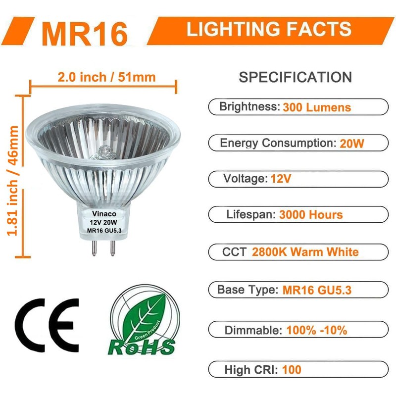 Vinaco MR16 Halogen Bulb 20W 12V, 6 Pack MR16 Bulb