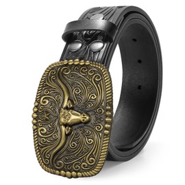 TRIWORKS Western Buckle Belt for Men Women Cowboy Leather Belt Country Belt Embossed Leather Belt Men Engraved Western Belt