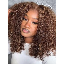 Curlyme Highlights Ombre Pre-bleached Wear Go Glueless Kinky Curly Pre-cut Lace Wig Pre-plucked 7x5 Glueless Wigs Human Hair Beginner Friendly Natural Hairline 180% Lace Front Wigs Human Hair 18 Inch