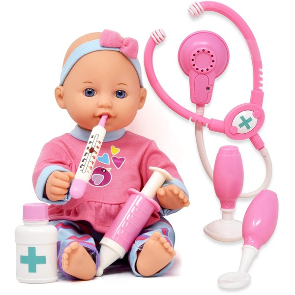 Pretend Play Medical Set, Baby Doll Doctor Kit for Kids Includes 12 Inch Doll, Talking Stethoscope, Thermometer, Needle, Medicine Bottle, Stick and Hammer-Complete Accessories for Toddlers Boy Girl