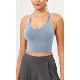 ODODOS Seamless Padded Sports Bra for Women Strappy Longline Wirefree Brami Ribbed Crop Tank Tops, Washing Coastline, Medium-Large