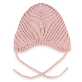 MIRARI Kids Warm ribbed baby hat knitted from 100% merino wool, unisex knitted hat with ear flaps and ties, soft baby wool hat without lining, ribbed knit, lightpink