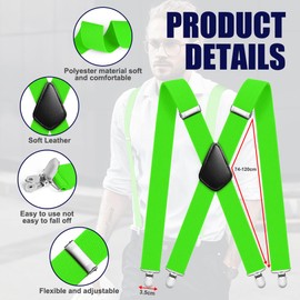 Aomig Braces for Men Striped Braces Men Extra Strong Wide 3.5 cm with Very Strong 3/4 Metal Clips Adjustable Elastic One Size Braces for Men Women Wide Long X/Y-From, Bright green