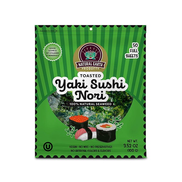 Tostado Yaki Sushi Nori, algas naturales, veganas, sin MSG, sin conservantes, sin colorantes y sabores artificiales, parve Kosher, 100 medias hojas (Net. Peso: 99 g (1 paquete total de 50 hojas de 99,8 g)