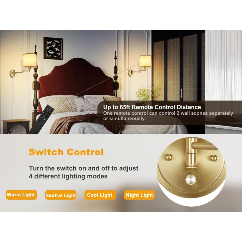 GOODATE Plug in Wall Sconces with Remote Control, Dimming &