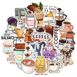 QTL Coffee Stickers for Water Bottles Adults Coffee Stickers for Laptop Coffee Cup Stickers for Scrapbooking Coffee Vinyl Waterproof Stickers 50 Packs