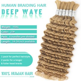 Human Braiding Hair for Boho Braids 150g 22 Inch Deep Wave Bulk Human Hair Honey Blonde Brazilian Curly Boho Hair for Braiding Knotless Wet and Wavy Human Braiding Hair Bohemian 6 Bundles/Pack 27#