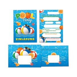 12 Invitation Cards for Children's Birthday Party Swimming Pool Party Boys Girls Invitation Girls Birthday Boy's Birthday Includes 12 Envelopes, 12 Party Bags / Petrol Blue, 12 Stickers and 12