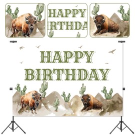 kreat4joy Buffalo Bison Birthday Decorations, Buffalo Happy Birthday Backdrop for Western Theme Highland Cow Animal Mountain Cactus Photography Background Birthday Party