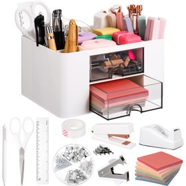 AmazingSpark 11 Pcs White Office Supplies Set Multi-functional Pen Organizer and Accessories with Tape Holder, Stapler, Staple Remover, Staples, Tape, Clips Set, Ruler, Scissor, Pen, Sticky Notes