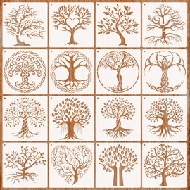 JSTHHTT 16 Pieces Stencils for Crafts Reusable Tree of Life, Stencils Set for Painting, Stencils for Painting with Round Ring, Nature Painting Stencil, for Painting DIY Art Crafts Scrapbook Wall Décor