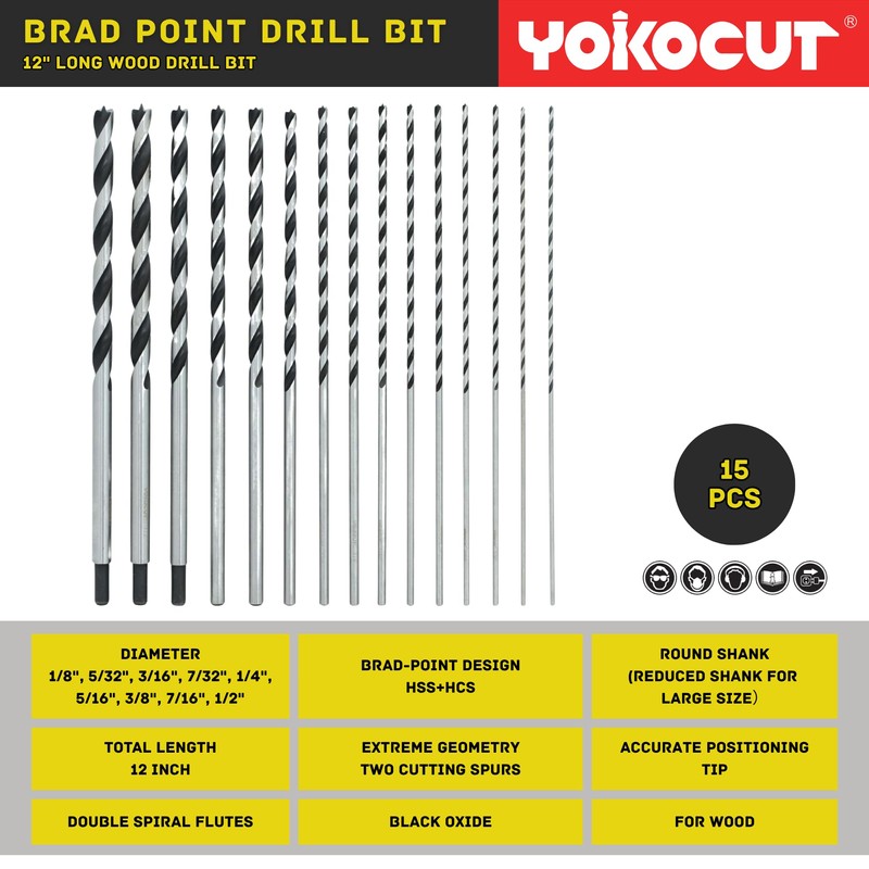 Brad Point Drill Bits Set, 15pcs 12 Inch Long Wood