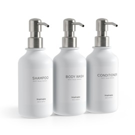 Modern Shampoo and Conditioner Dispenser Set of 3, 17oz Refillable Shower Soap Bottles with Stainless Steel Pumps & Waterproof Labels for Shampoo, Conditioner & Body Wash, Minimalist Bathroom Decor