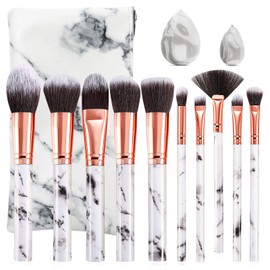 HEYMKGO Make Up Brushes, 10 Piece Brush Set Makeup with Makeup Sponge and PU Leather Brush Bag, Makeup Brush Set Kabuki Makeup Brushes Foundation Blending Cosmetic Brush Makeup Kit (Marble, White)