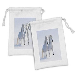 Lunarable Horses Fabric Pouch Set of 2, Galloping Rare Spotted Horses on Snow Field Dominant Genes Albino Different Animals Print, Small Drawstring Bag for Toiletries Masks and Favors, 9" x 6", White