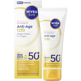 NIVEA SUN Sun Protection with SPF 50+, Firming Face Sun Cream, Breathable Anti-Wrinkle Sun Cream with SPF 50+ and PA++++, Breathable UV Face Anti-Age Q10 (40 ml)
