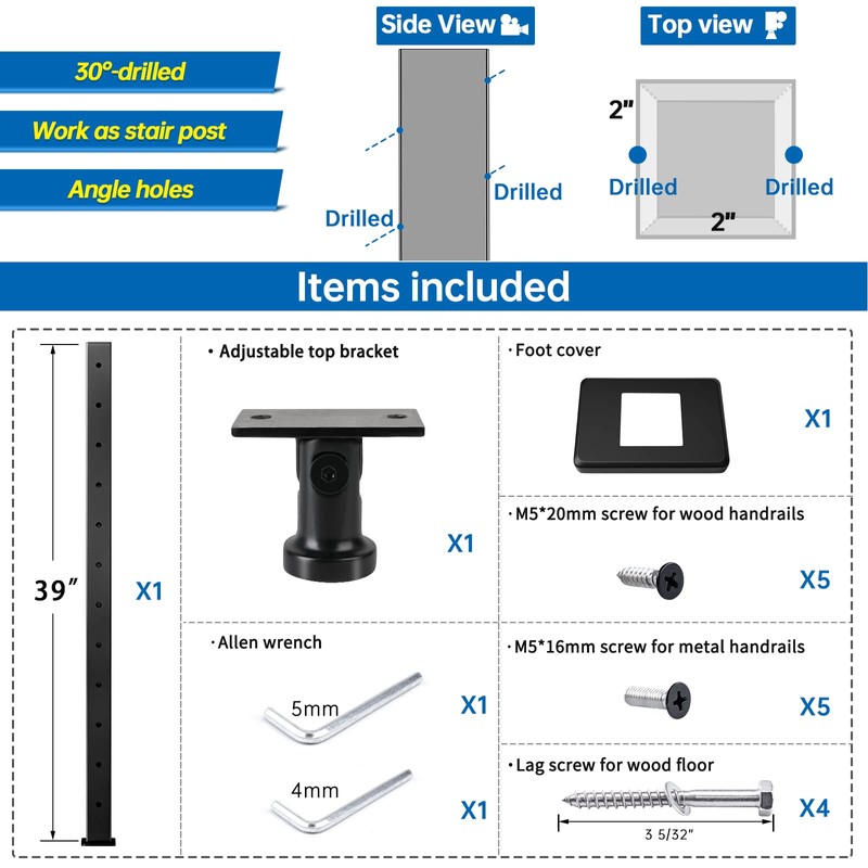 Muzata 30°-drilled Stair Post 42"x2"x2"(Post Body 39") Adjustable Top Cable