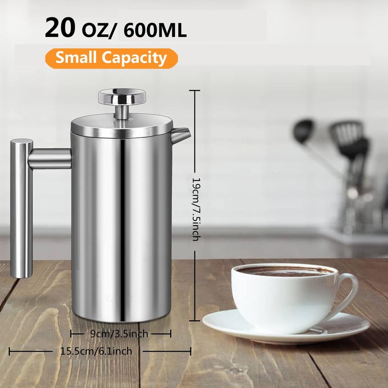 Meelio Small French Press Coffee Maker 600ml, Double-Wall Insulated French