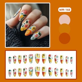 EYZOTSF Press on Nails Almond Medium Length Acrylic French Almond Shaped False Nails with Designs Artificial Medium Fake Nails with Charms Glue Stick ons Fingernails for Women Girls(WM168)