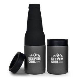 Keep Em Cool Vacuum Insulated Drink Bottle & Can Cooler With Opener - Double Walled, Stainless Steel Cooler For Beers & Beverages - Easy To Hold For BBQs & Camping - Great Gift (Grey)