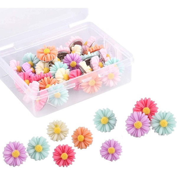 30 Pieces Flower Pushpins Flower Thumb Tacks Decorative Floret Push Pins Colorful Floret Thumbtacks for Photo Wall, Feature Wall, Whiteboard, Cork Board, Map, Bulletin Board, Office or Home