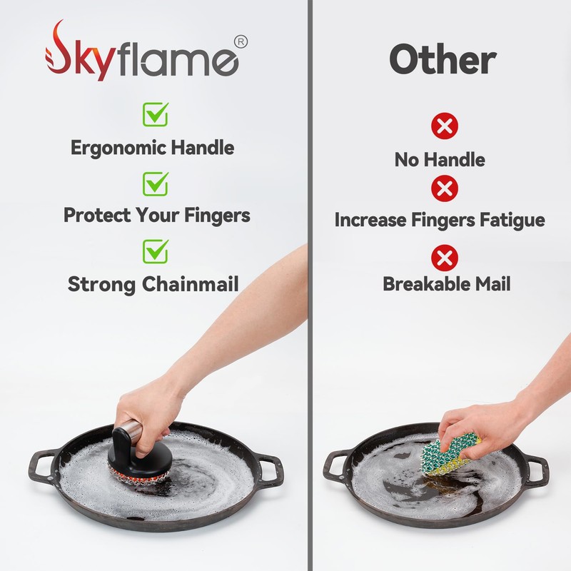 Skyflame Cast Iron Scrubber with Handle, Stainless Steel Chainmail Scrub,
