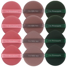 12 Pcs Powder Puff, Pure Cotton Face Soft Round Velour Makeup Puff for Loose Body Mineral Powder Cosmetic Foundation Blender Beauty, Wet Dry Washable Makeup Sponge Tool (Brown, Pink, Green)
