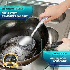 Steel Wool Scrubber Dish Brush Set with Handle, Deep Cleaning Scrubber Set, Silver - Color: 3-pack