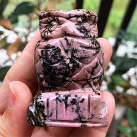 Ladeukoi Natural Rhodonite Owl Bird Statue, Hand Carved Healing Crystal Animal Figurines Pocket Stone Decoration 2" Tall