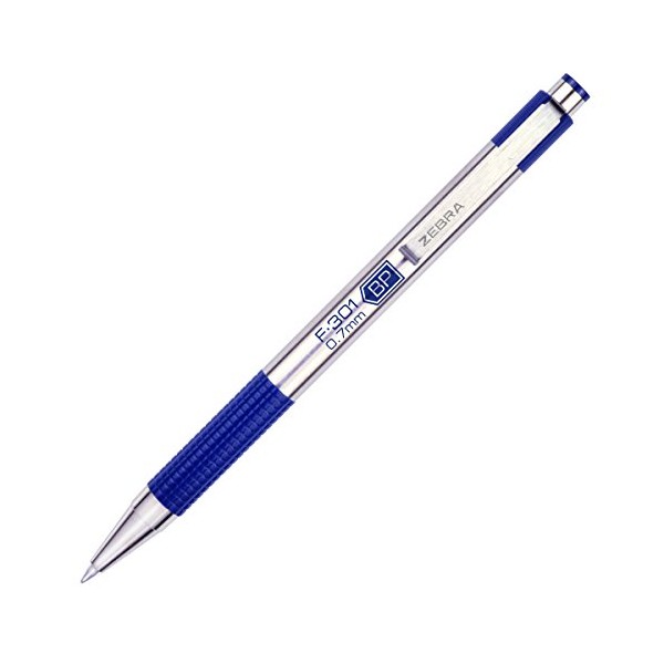 Zebra Pen F-301 Ballpoint Stainless Steel Retractable Pen, Fine Point, 0.7mm, Blue Ink, 12-Count